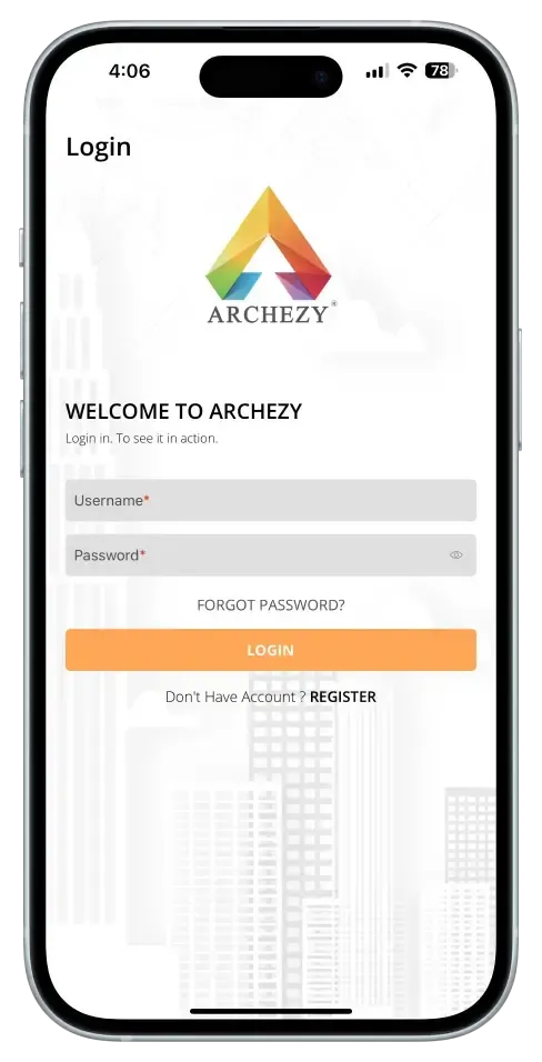 Archezy mobile app login screen interface