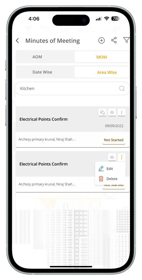 Archezy mobile app interface for architectural project tracking